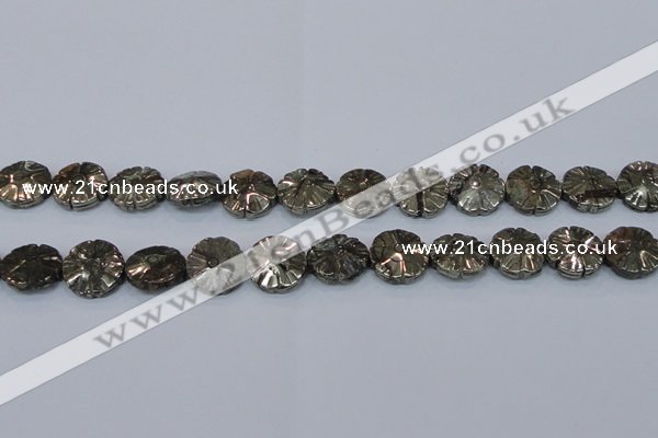 CPY661 15.5 inches 16mm carved flower pyrite gemstone beads