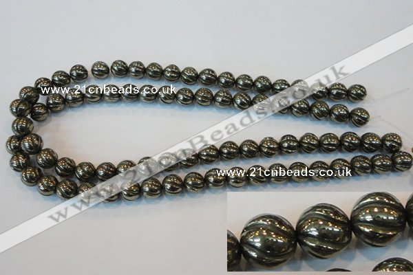 CPY75 15.5 inches 10mm carved round pyrite gemstone beads wholesale