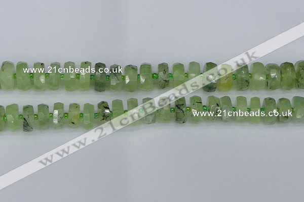 CRB1353 15.5 inches 7*14mm faceted rondelle green rutilated quartz beads