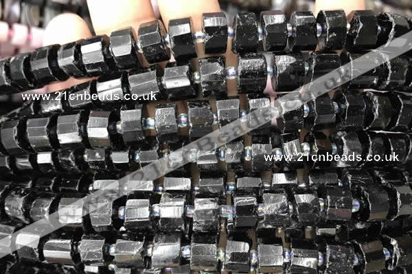 CRB2102 15.5 inches 11mm - 12mm faceted tyre black tourmaline beads