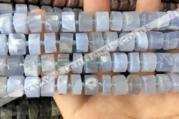 CRB2187 15.5 inches 10mm - 11mm faceted tyre blue chalcedony beads