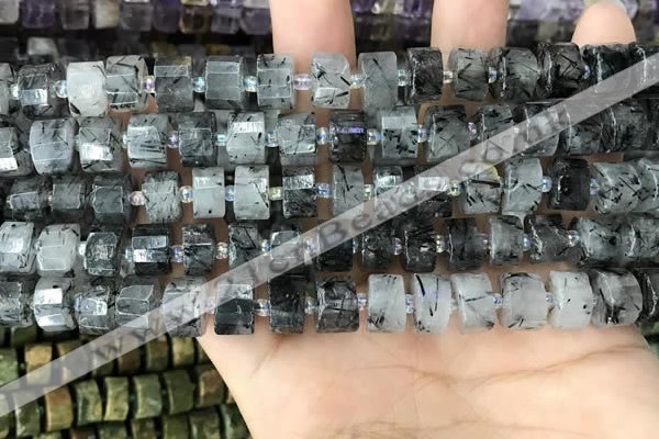 CRB2191 15.5 inches 9mm - 10mm faceted tyre black rutilated quartz beads