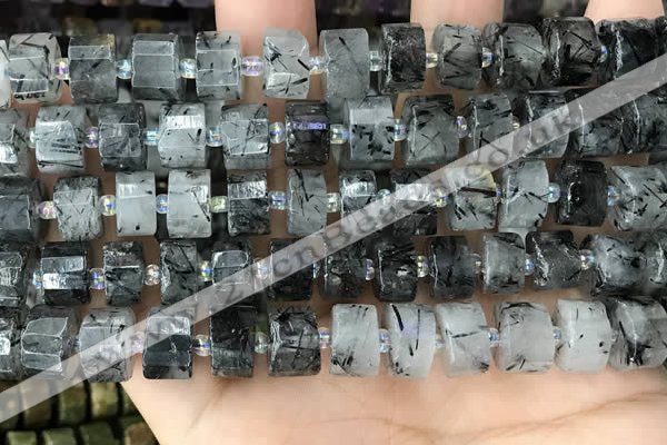 CRB2193 15.5 inches 11mm - 12mm faceted tyre black rutilated quartz beads