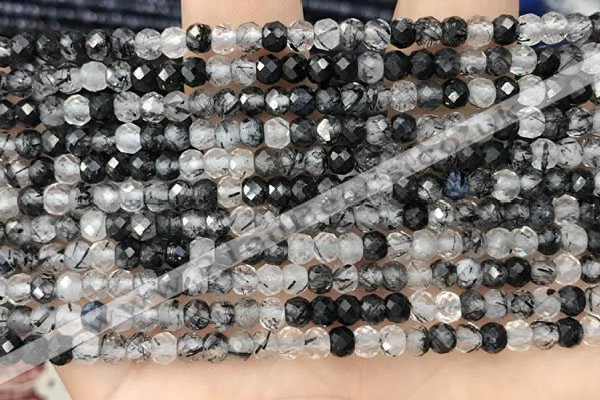 CRB2266 15.5 inches 3*4mm faceted rondelle black rutilated quartz beads