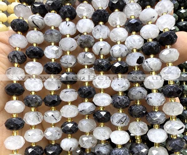 CRB6304 6*10mm faceted rondelle black rutilated quartz beads