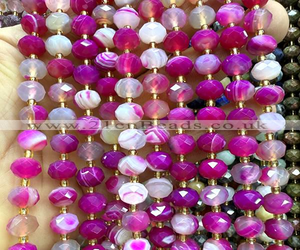 CRB6324 15 inches 6*10mm faceted rondelle fuchsia banded agate beads