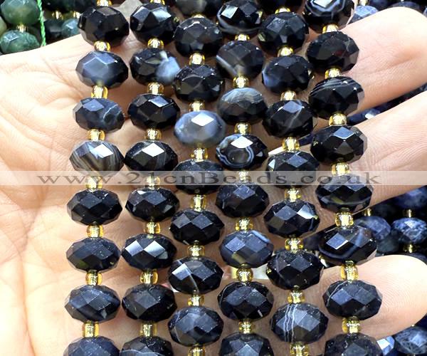 CRB6329 15 inches 6*10mm faceted rondelle black banded agate beads