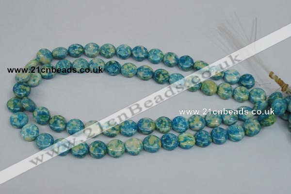 CRF117 15.5 inches 12mm flat round dyed rain flower stone beads