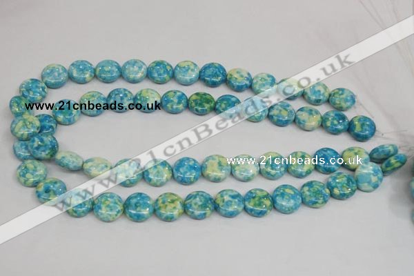 CRF118 15.5 inches 14mm flat round dyed rain flower stone beads