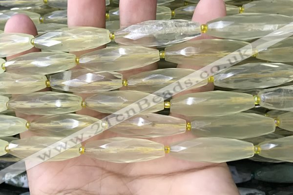 CRI132 15.5 inches 10*30mm faceted rice lemon quartz beads