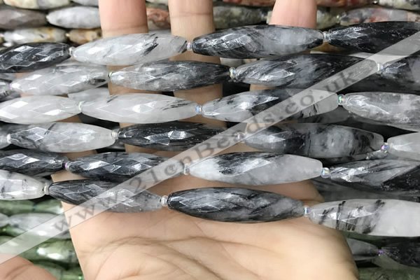 CRI155 15.5 inches 10*38mm faceted rice black rutilated quartz beads