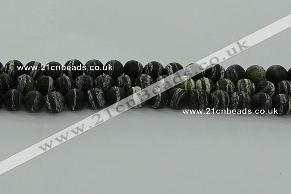 CRO1124 15.5 inches 12mm round matte green silver line jasper beads