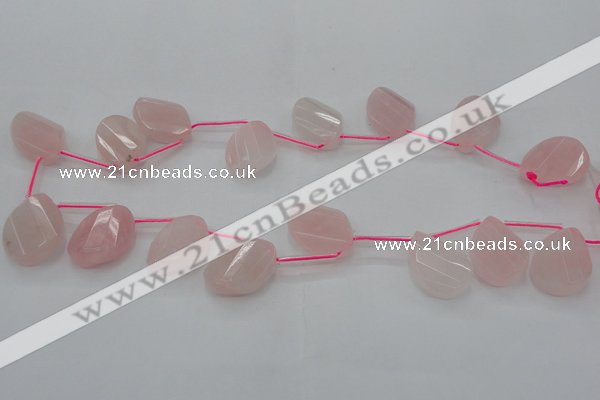 CRQ735 18*25mm faceted & twisted flat teardrop rose quartz beads