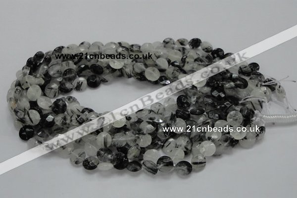 CRU02 15.5 inches 10mm faceted flat round black rutilated quartz beads