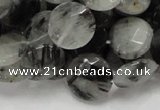 CRU04 15.5 inches 15mm faceted flat round black rutilated quartz beads