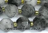 CRU1050 15 inches 9mm - 10mm faceted black rutilated quartz beads