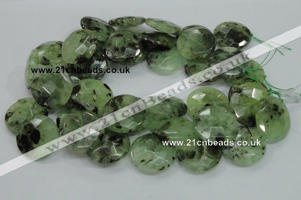 CRU117 15.5 inches 30mm faceted coin green rutilated quartz beads