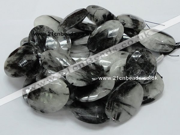 CRU21 15.5 inches 35*50mm faceted oval black rutilated quartz beads