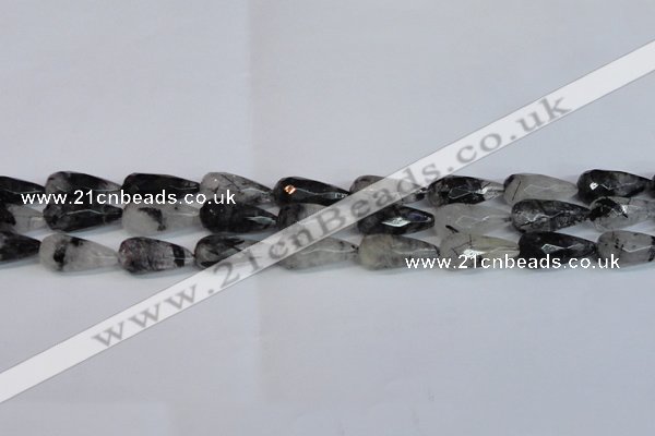 CRU350 15.5 inches 12*25mm faceted teardrop black rutilated quartz beads