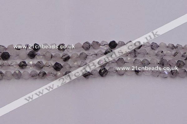 CRU511 15.5 inches 6mm faceted nuggets black rutilated quartz beads