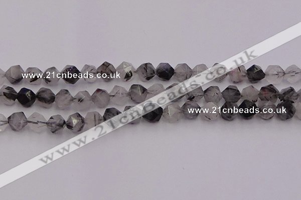 CRU513 15.5 inches 10mm faceted nuggets black rutilated quartz beads