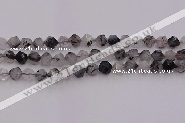 CRU514 15.5 inches 12mm faceted nuggets black rutilated quartz beads