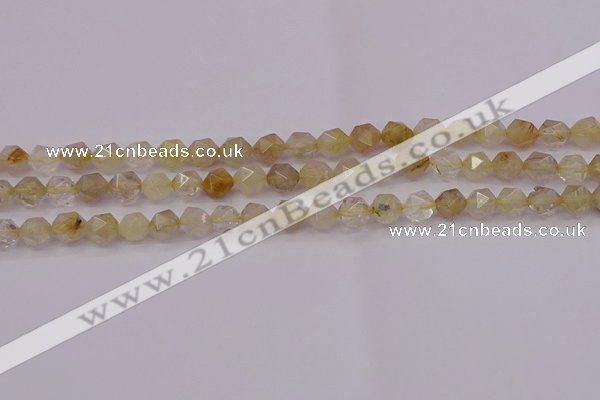 CRU621 15.5 inches 6mm faceted nuggets golden rutilated quartz beads