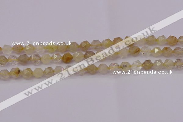 CRU622 15.5 inches 8mm faceted nuggets golden rutilated quartz beads