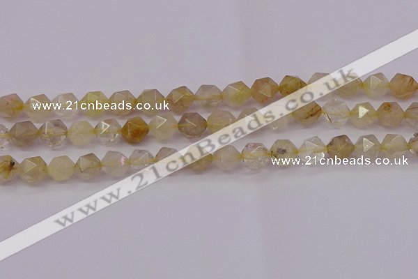 CRU623 15.5 inches 10mm faceted nuggets golden rutilated quartz beads