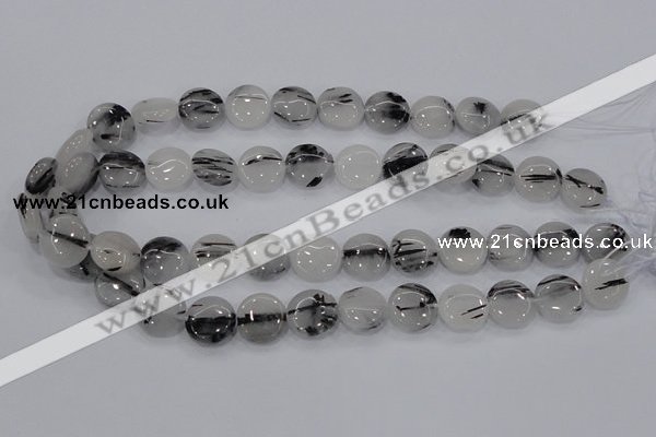 CRU80 15.5 inches 14mm flat round black rutilated quartz beads