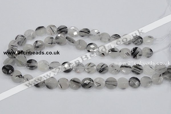 CRU93 15.5 inches 14mm faceted coin black rutilated quartz beads