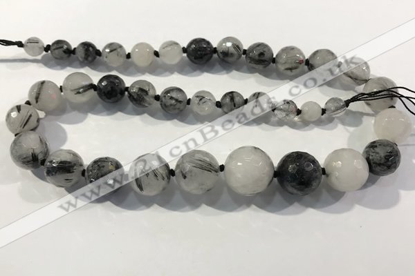 CRU938 8mm - 18mm faceted round black rutilated quartz graduated beads