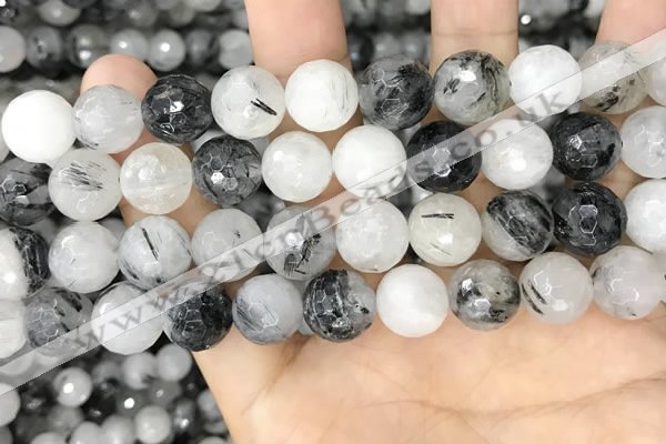 CRU969 15.5 inches 12mm faceted round black rutilated quartz beads