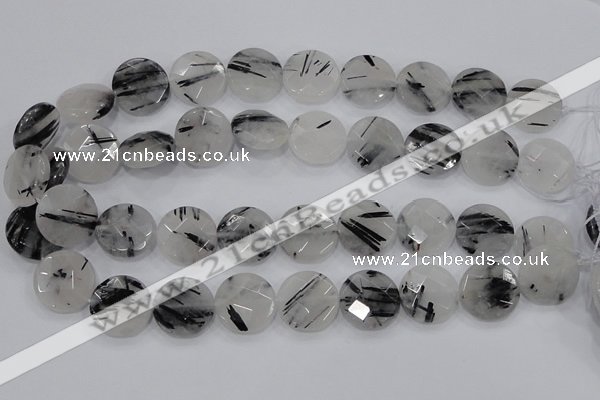 CRU98 15.5 inches 22mm faceted coin black rutilated quartz beads