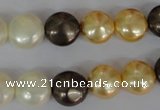 CSB185 15.5 inches 12mm flat round mixed color shell pearl beads