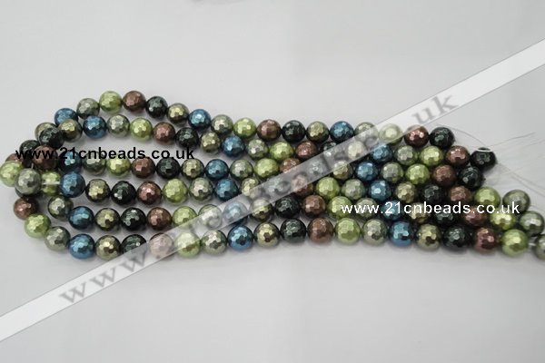 CSB532 15.5 inches 12mm faceted round mixed color shell pearl beads