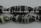 CSJ108 15.5 inches 10*30mm faceted rice green silver line jasper beads