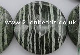 CSJ126 15.5 inches 50mm faceted coin green silver line jasper beads