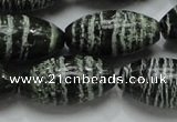 CSJ20 15.5 inches 15*30mm rice green silver line jasper beads