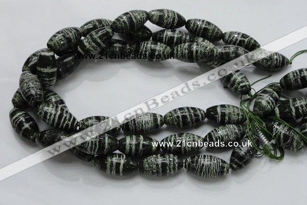 CSJ20 15.5 inches 15*30mm rice green silver line jasper beads