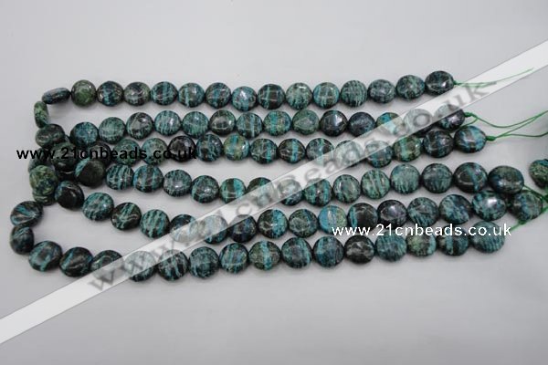 CSJ215 15.5 inches 12mm flat round dyed green silver line jasper beads