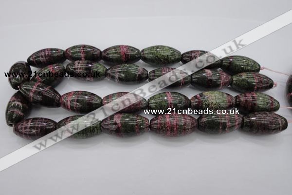 CSJ274 15.5 inches 15*30mm rice dyed green silver line jasper beads