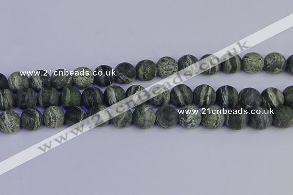 CSJ505 15.5 inches 14mm round matte green silver line jasper beads