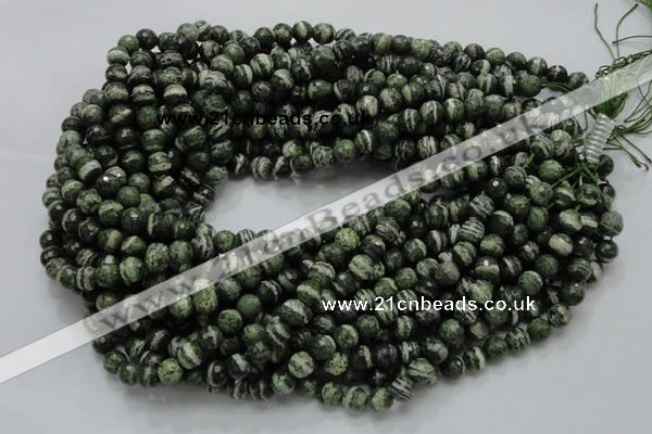 CSJ64 15.5 inches 8mm faceted round green silver line jasper beads