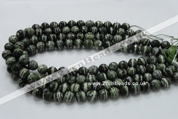 CSJ66 15.5 inches 12mm faceted round green silver line jasper beads