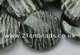 CSJ83 15.5 inches 25mm faceted flat round green silver line jasper beads