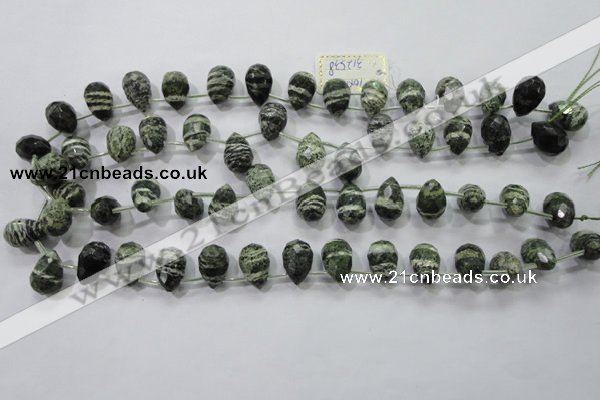 CSJ86 Top-drilled 10*14mm faceted teardrop green silver line jasper beads