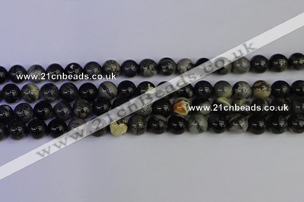 CSL214 15.5 inches 12mm round black silver leaf jasper beads