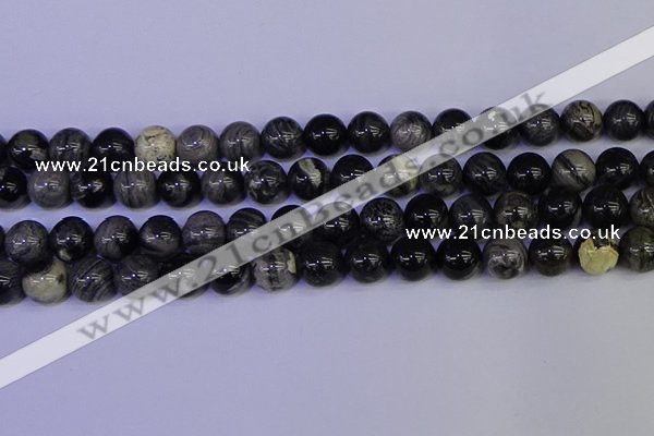 CSL215 15.5 inches 14mm round black silver leaf jasper beads