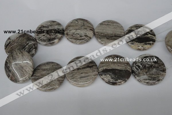 CSL37 15.5 inches 40mm flat round silver leaf jasper beads wholesale